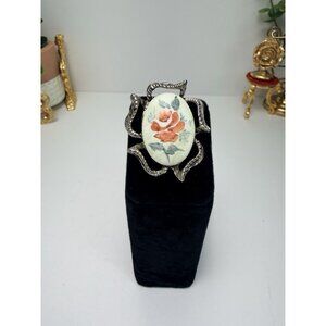 Vintage Painted Flower Adjustable Ring Gold Tone Filigree Oval Statement Sz 7